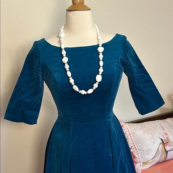 Vintage 1950-60s Teal Blue Velvet Maxi Cocktail Dress Neusteters Denver CO sz XS - Picture 3 of 16